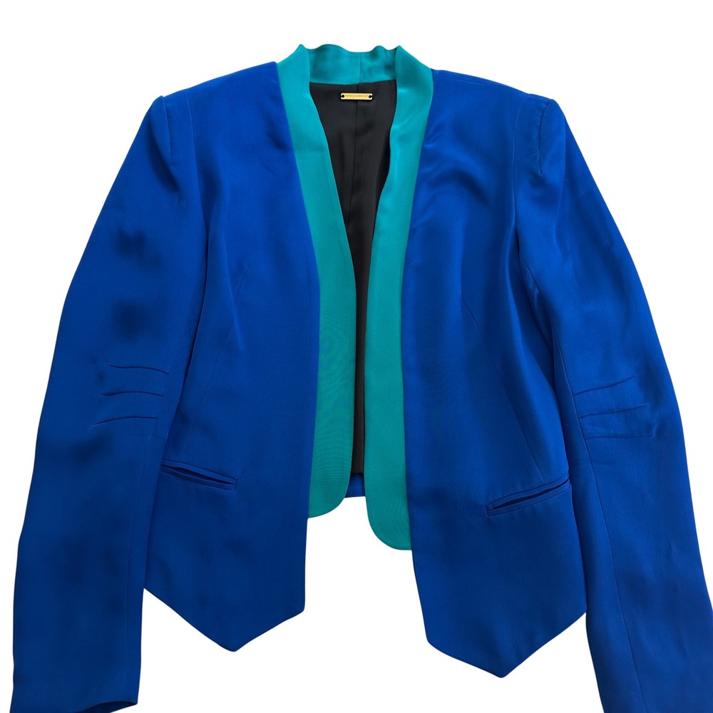 Rebecca Minkoff Royal Blue Teal Silk Shawl Collar Open Front Blazer Jacket Small